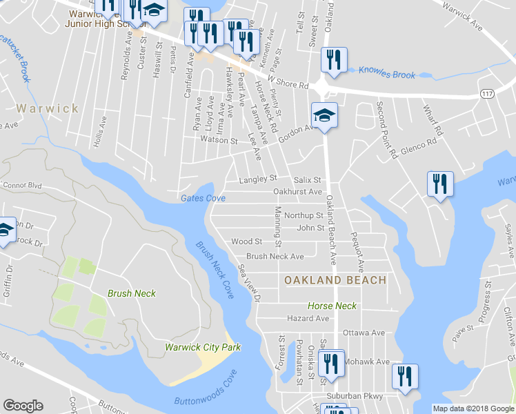 map of restaurants, bars, coffee shops, grocery stores, and more near 120 Pinehurst Avenue in Warwick