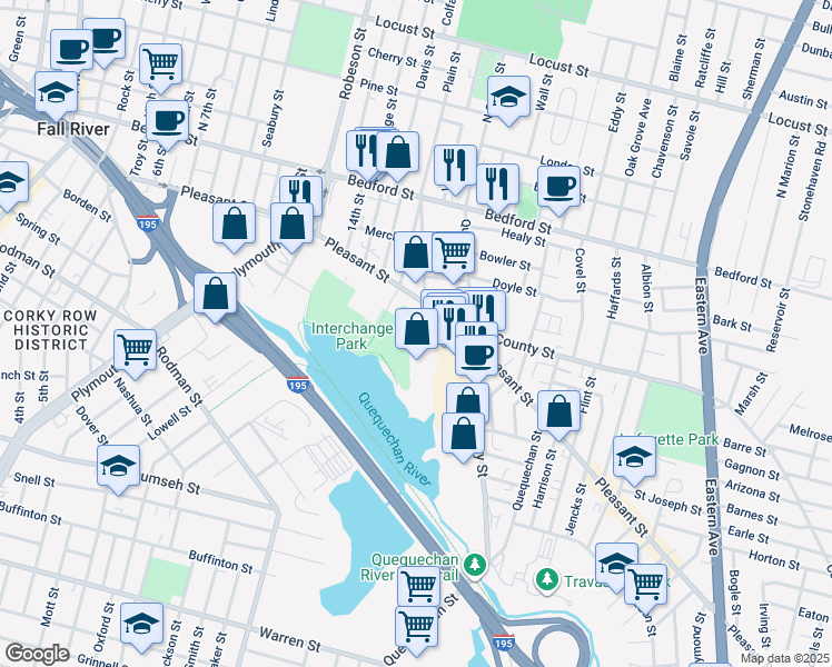 map of restaurants, bars, coffee shops, grocery stores, and more near 867 Pleasant Street in Fall River