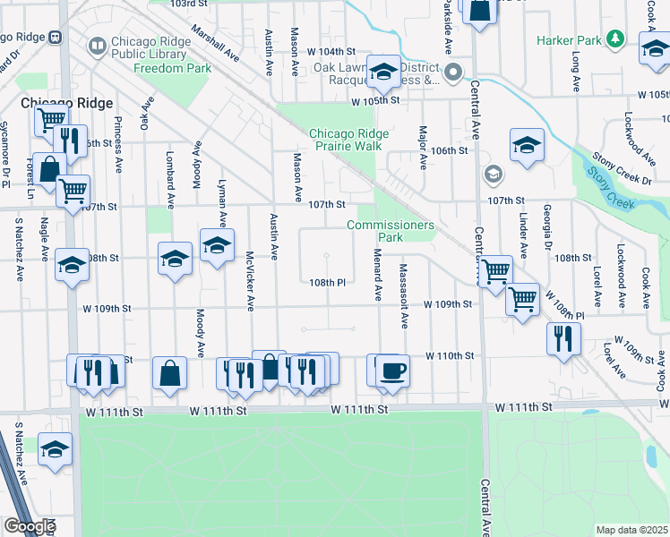 map of restaurants, bars, coffee shops, grocery stores, and more near 10823 Mayfield Avenue in Chicago Ridge