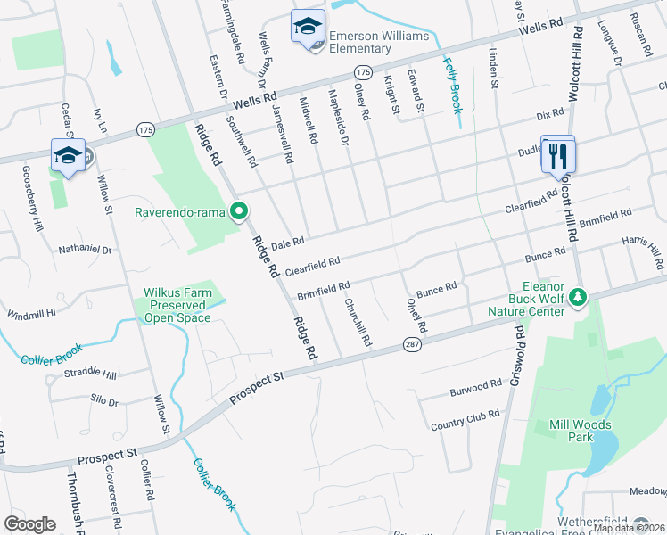 map of restaurants, bars, coffee shops, grocery stores, and more near 224 Clearfield Road in Wethersfield