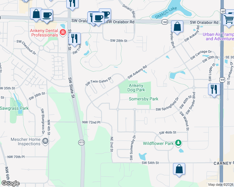 map of restaurants, bars, coffee shops, grocery stores, and more near 3504 Southwest Goodwin Street in Ankeny