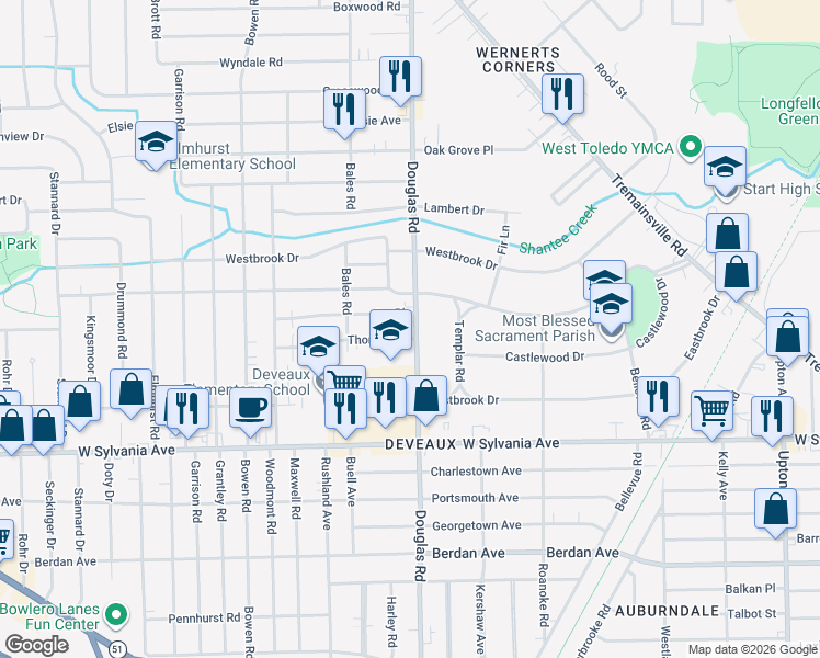 map of restaurants, bars, coffee shops, grocery stores, and more near 4205 Douglas Road in Toledo
