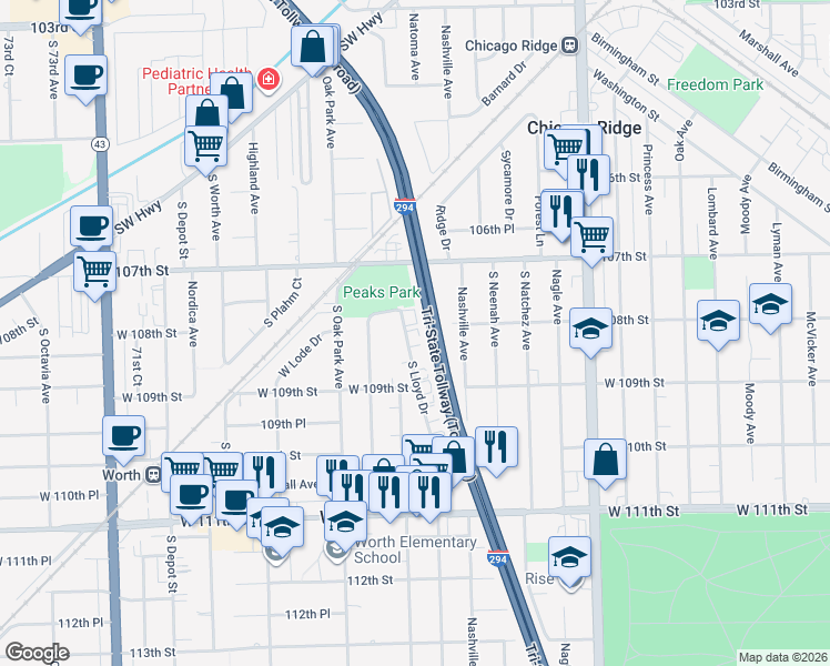 map of restaurants, bars, coffee shops, grocery stores, and more near 10805 South Lloyd Drive in Worth