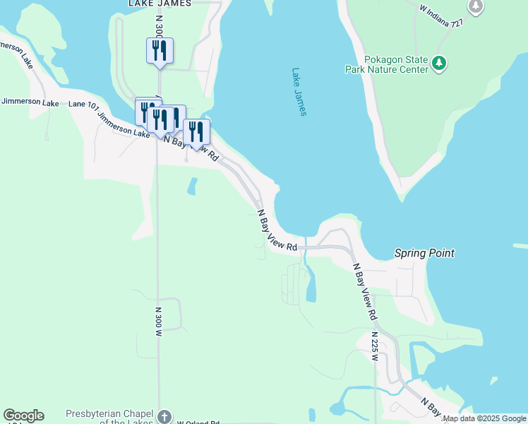 map of restaurants, bars, coffee shops, grocery stores, and more near 3618 North Bay View Road in Angola