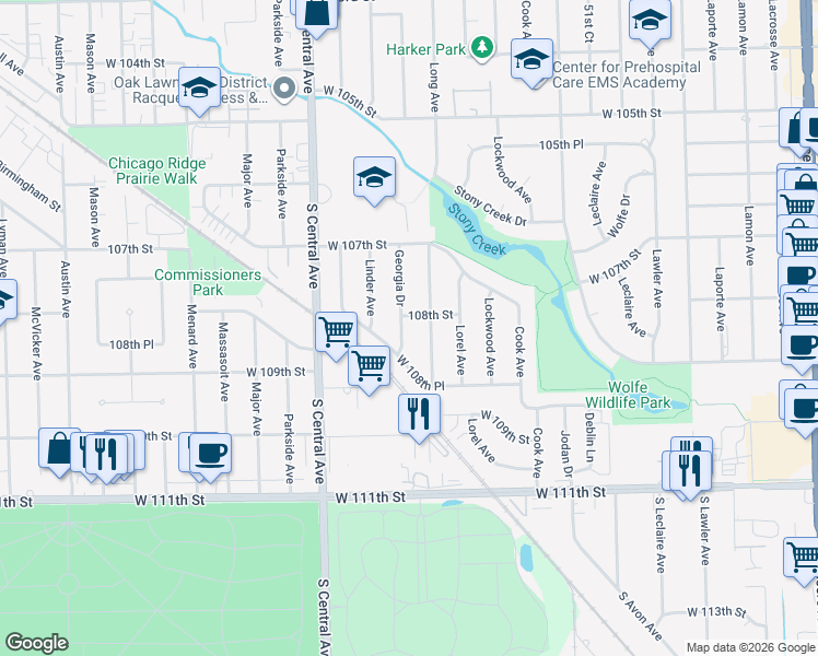 map of restaurants, bars, coffee shops, grocery stores, and more near 10805 Georgia Drive in Oak Lawn