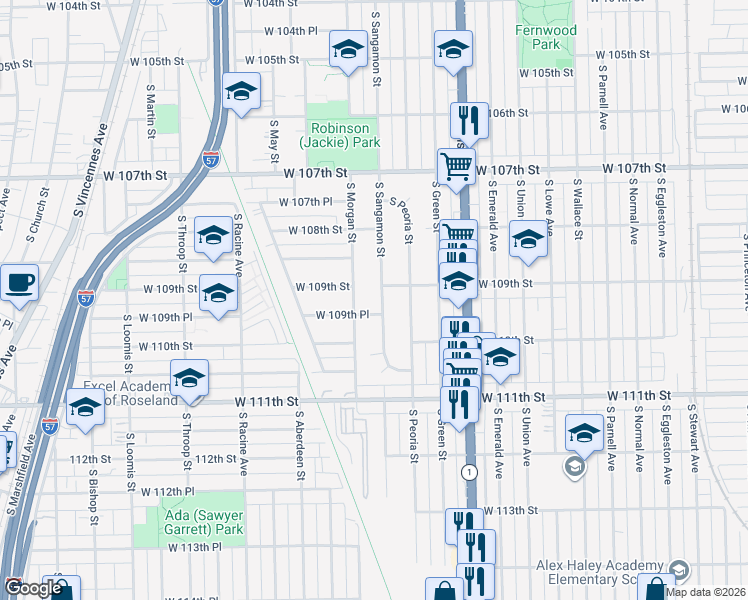 map of restaurants, bars, coffee shops, grocery stores, and more near 10912 South Sangamon Street in Chicago