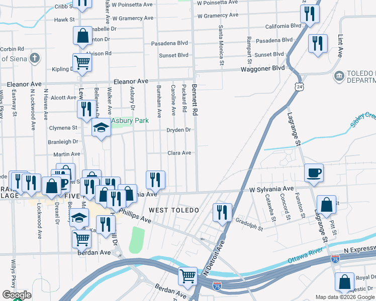 map of restaurants, bars, coffee shops, grocery stores, and more near 4202 Packard Road in Toledo