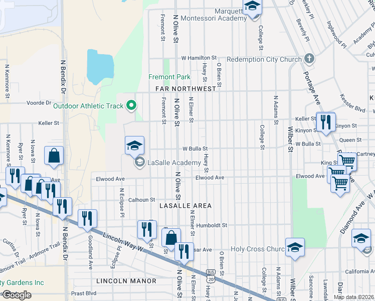 map of restaurants, bars, coffee shops, grocery stores, and more near 2304 West Bulla Street in South Bend