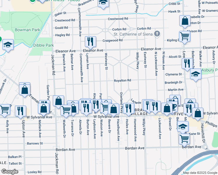 map of restaurants, bars, coffee shops, grocery stores, and more near 4208 Westway Street in Toledo