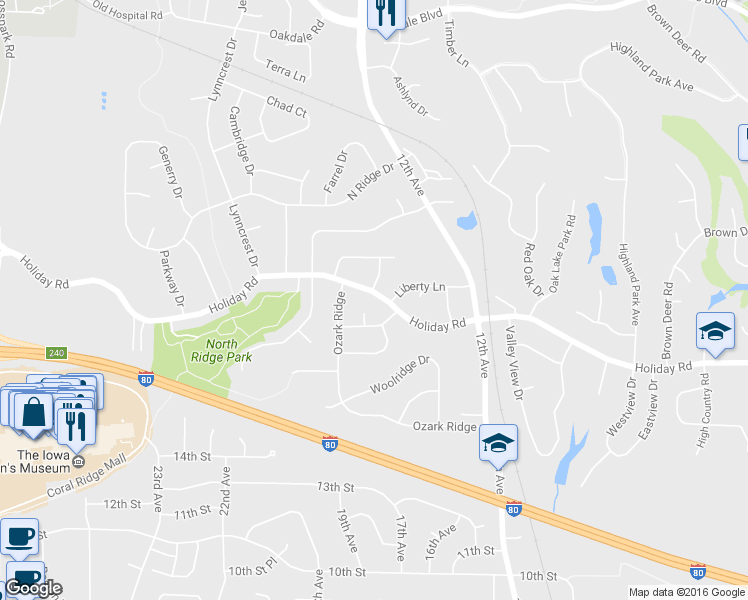 map of restaurants, bars, coffee shops, grocery stores, and more near 1970 Holiday Road in Coralville