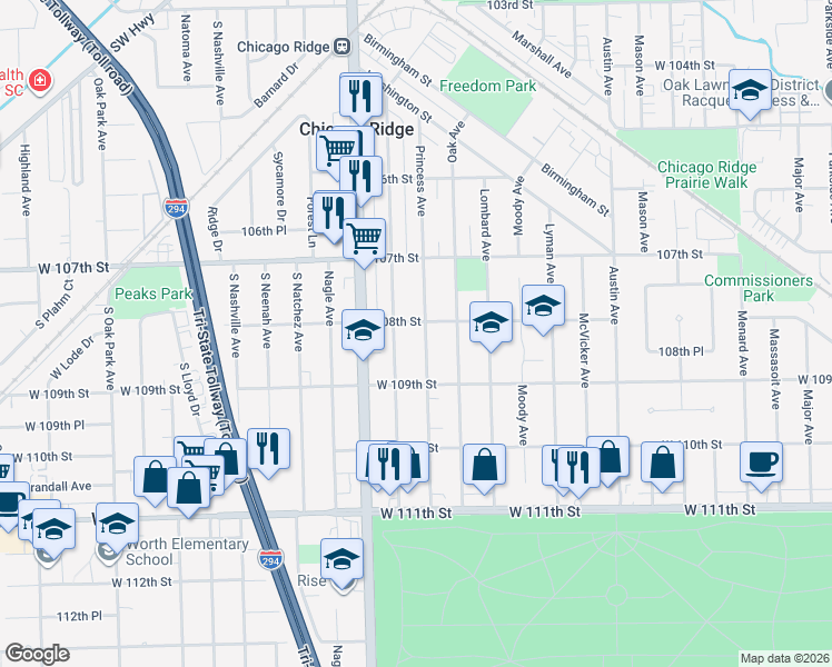 map of restaurants, bars, coffee shops, grocery stores, and more near 10804 Princess Avenue in Chicago Ridge