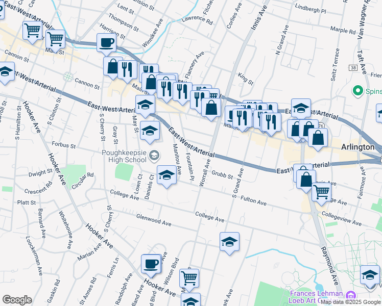map of restaurants, bars, coffee shops, grocery stores, and more near 43 Fountain Place in Poughkeepsie