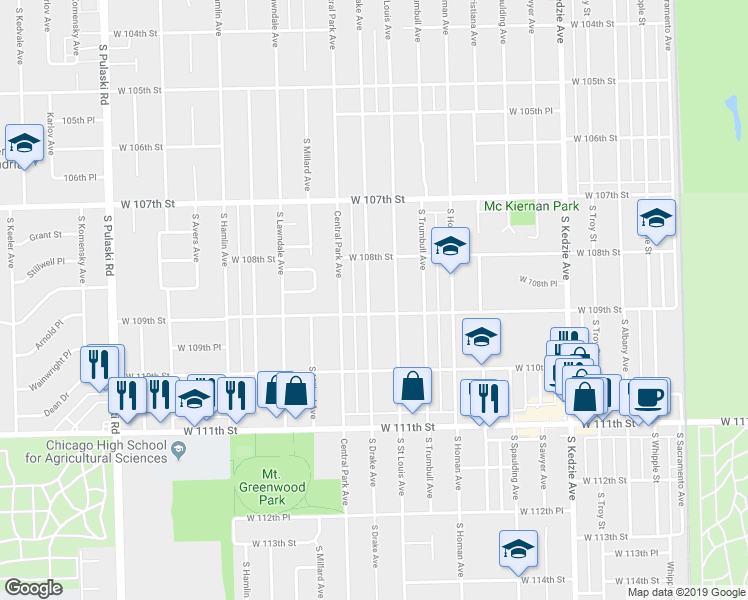 map of restaurants, bars, coffee shops, grocery stores, and more near 10847 South Drake Avenue in Chicago