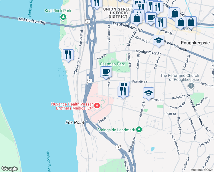 map of restaurants, bars, coffee shops, grocery stores, and more near 45 Lincoln Avenue in Poughkeepsie