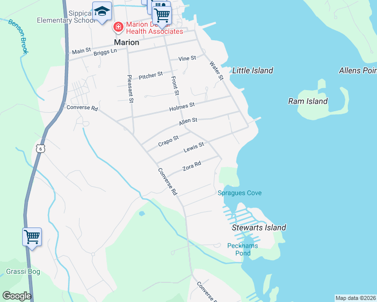 map of restaurants, bars, coffee shops, grocery stores, and more near 56 Lewis Street in Marion