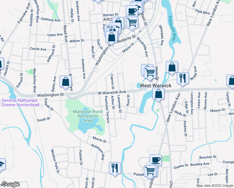 map of restaurants, bars, coffee shops, grocery stores, and more near 53 West Warwick Avenue in West Warwick