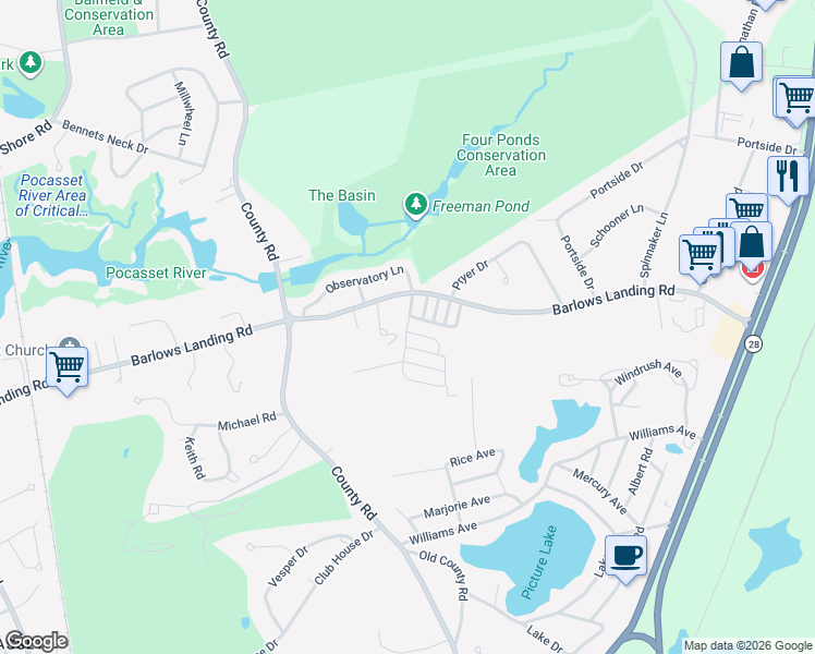 map of restaurants, bars, coffee shops, grocery stores, and more near 1st Street in Bourne