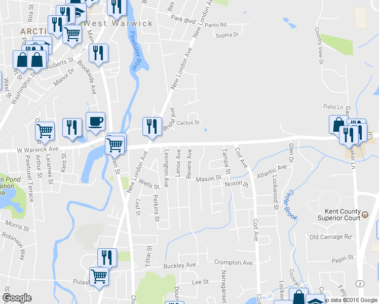 map of restaurants, bars, coffee shops, grocery stores, and more near 11 Revere Ave in West Warwick