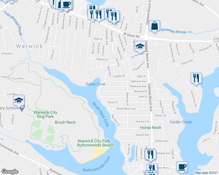 map of restaurants, bars, coffee shops, grocery stores, and more near 160 Pinehurst Ave in Warwick