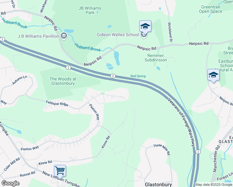 map of restaurants, bars, coffee shops, grocery stores, and more near 295 Feldspar Ridge in Glastonbury