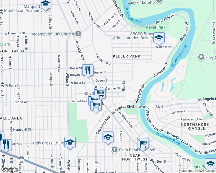 map of restaurants, bars, coffee shops, grocery stores, and more near 1213 Mc Cartney Street in South Bend