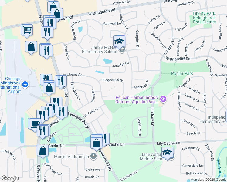 map of restaurants, bars, coffee shops, grocery stores, and more near 162 Ridgewood Court in Bolingbrook