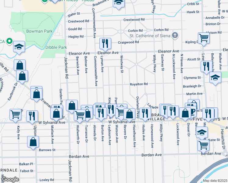 map of restaurants, bars, coffee shops, grocery stores, and more near 4211 Parrakeet Avenue in Toledo