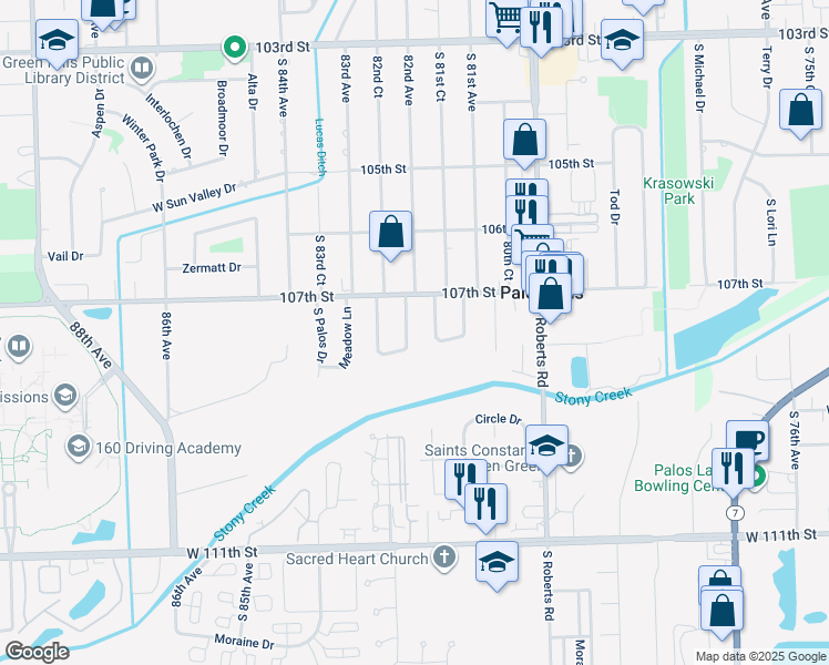map of restaurants, bars, coffee shops, grocery stores, and more near 10733 East Olympia Circle in Palos Hills