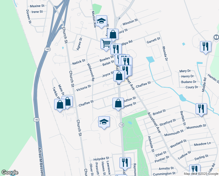 map of restaurants, bars, coffee shops, grocery stores, and more near 1071 Tacoma Street in New Bedford