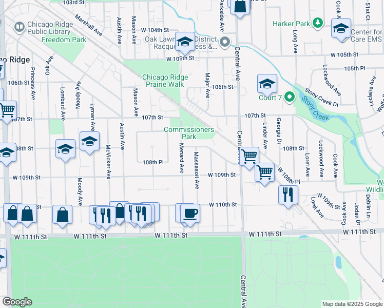 map of restaurants, bars, coffee shops, grocery stores, and more near 10806 Massasoit Ave in Chicago Ridge