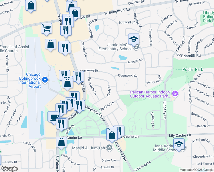 map of restaurants, bars, coffee shops, grocery stores, and more near 169 Tilden Lane in Bolingbrook