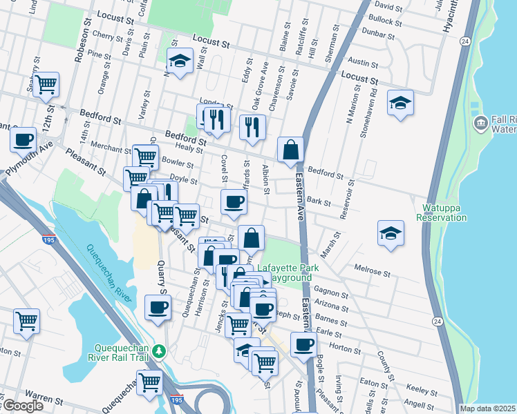 map of restaurants, bars, coffee shops, grocery stores, and more near 168 Albion Street in Fall River