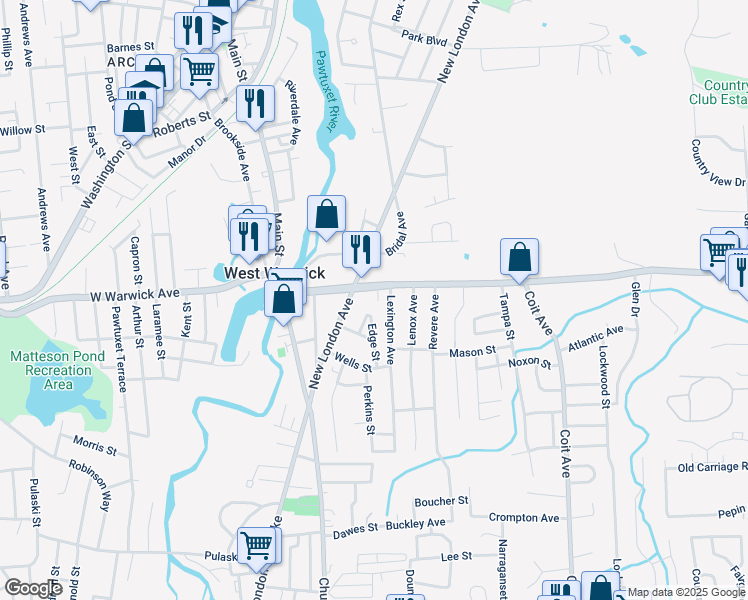 map of restaurants, bars, coffee shops, grocery stores, and more near 141 Legris Avenue in West Warwick