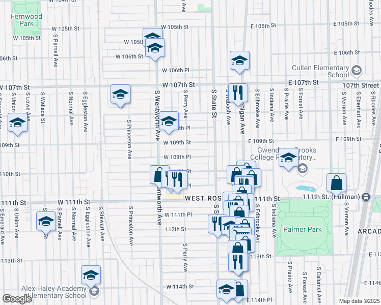 map of restaurants, bars, coffee shops, grocery stores, and more near 58 West 109th Place in Chicago
