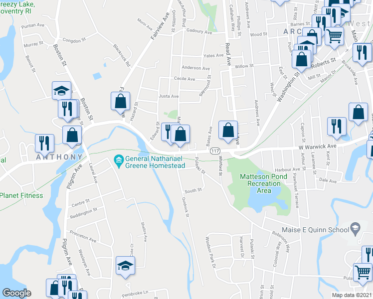 map of restaurants, bars, coffee shops, grocery stores, and more near 471 Washington Street in Coventry