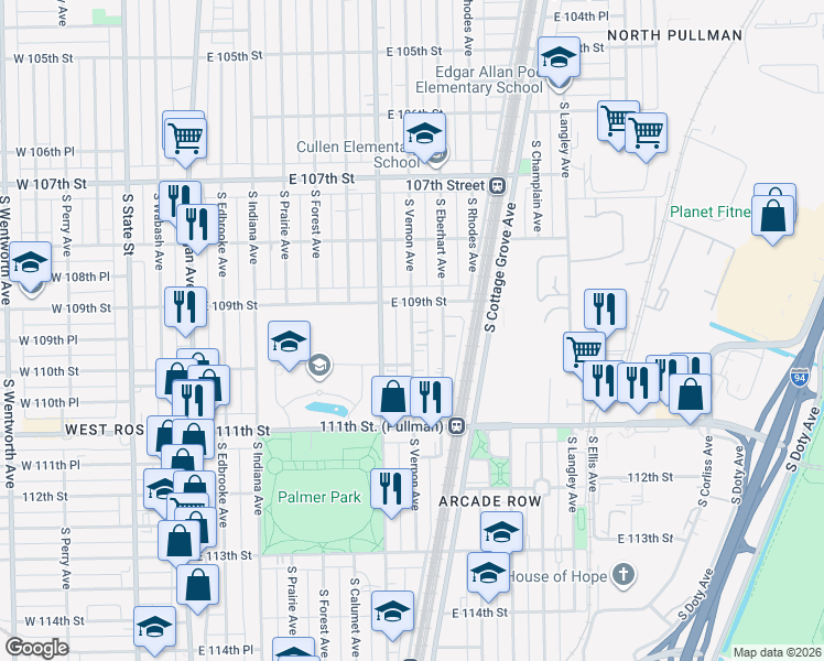map of restaurants, bars, coffee shops, grocery stores, and more near 10931 South Vernon Avenue in Chicago