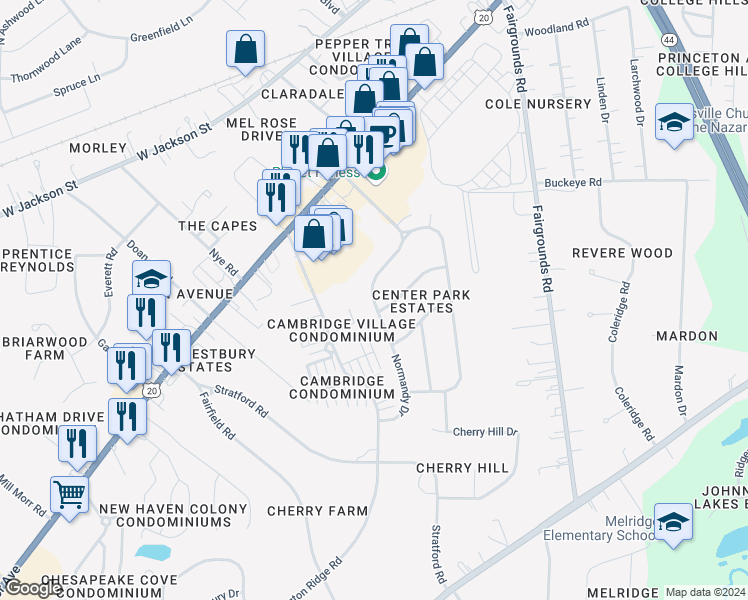 map of restaurants, bars, coffee shops, grocery stores, and more near 191 Normandy Drive in Painesville