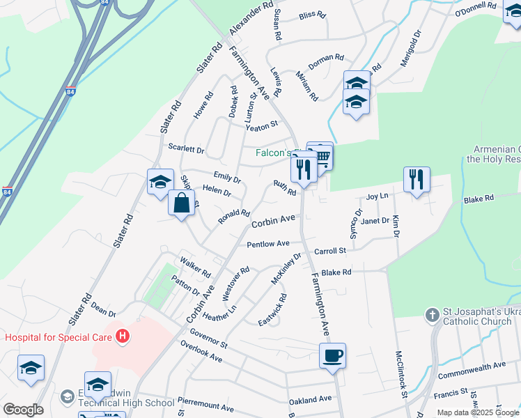 map of restaurants, bars, coffee shops, grocery stores, and more near 102 Ruth Road in New Britain