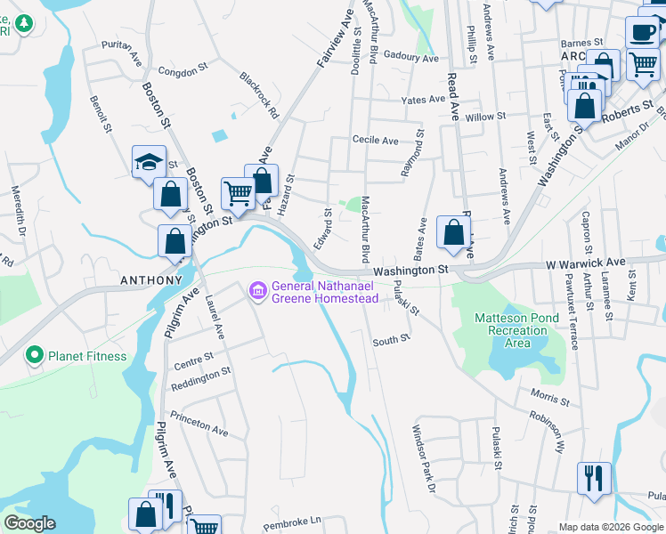 map of restaurants, bars, coffee shops, grocery stores, and more near 505 Washington Street in Coventry
