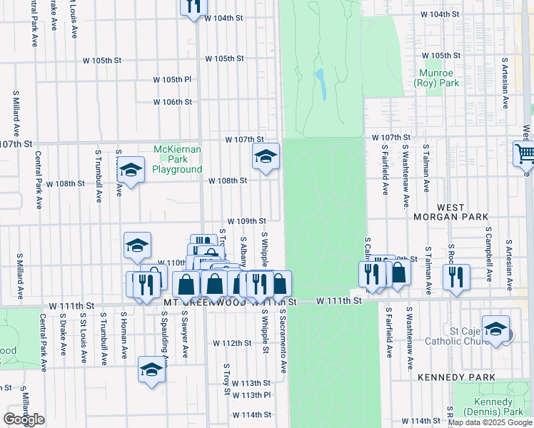 map of restaurants, bars, coffee shops, grocery stores, and more near 10848 South Whipple Street in Chicago