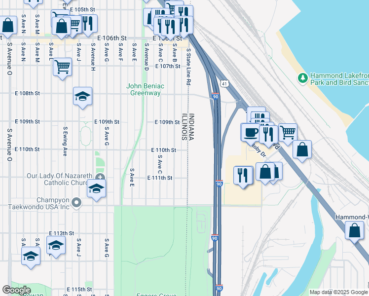 map of restaurants, bars, coffee shops, grocery stores, and more near 10958 South State Line Road in Chicago