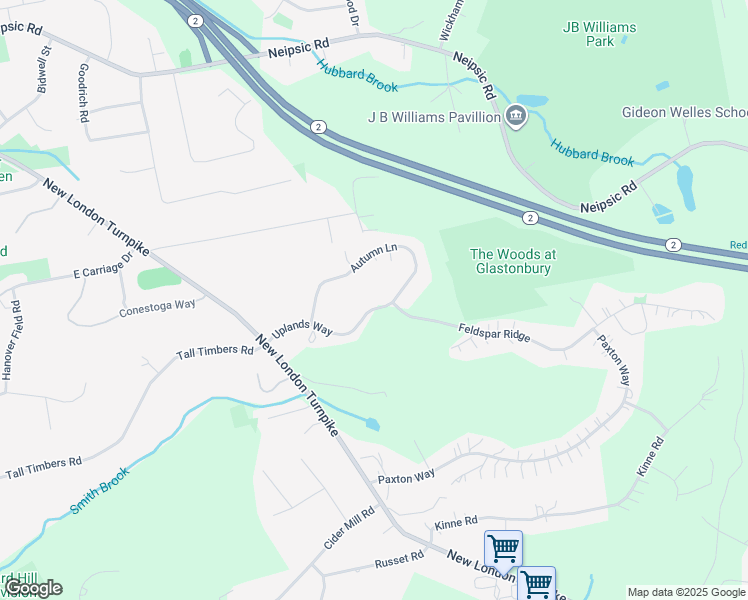 map of restaurants, bars, coffee shops, grocery stores, and more near 53 Uplands Way in Glastonbury