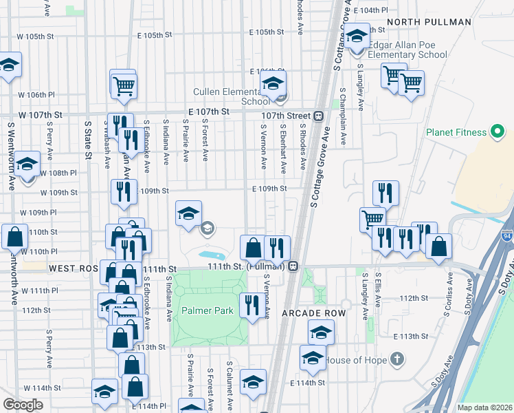map of restaurants, bars, coffee shops, grocery stores, and more near 10929 South King Drive in Chicago