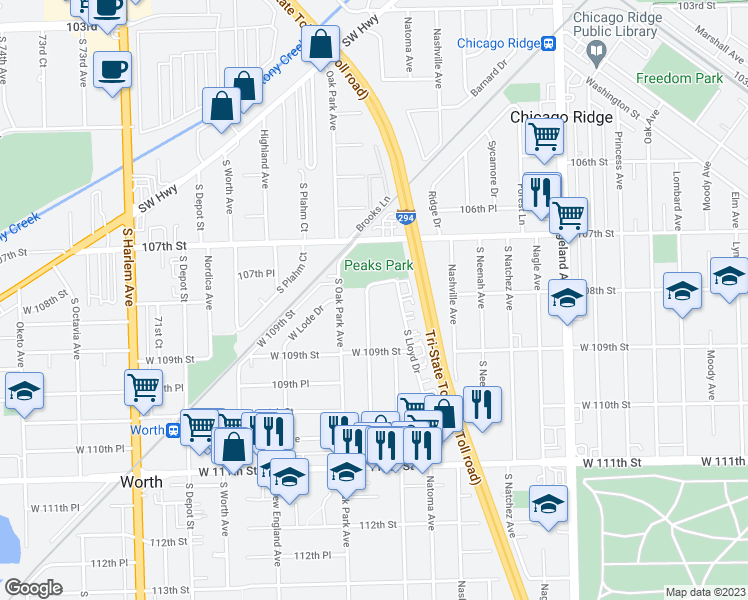 map of restaurants, bars, coffee shops, grocery stores, and more near 10733 Rutherford Avenue in Worth