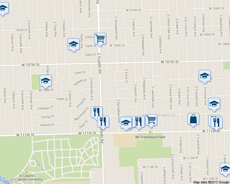 map of restaurants, bars, coffee shops, grocery stores, and more near 3905 West 108th Place in Chicago