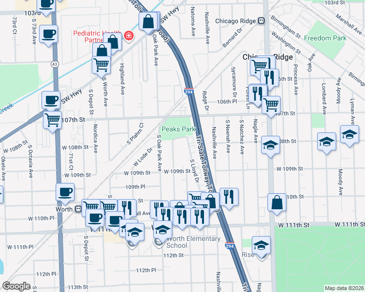 map of restaurants, bars, coffee shops, grocery stores, and more near 10805 South Lloyd Drive in Worth