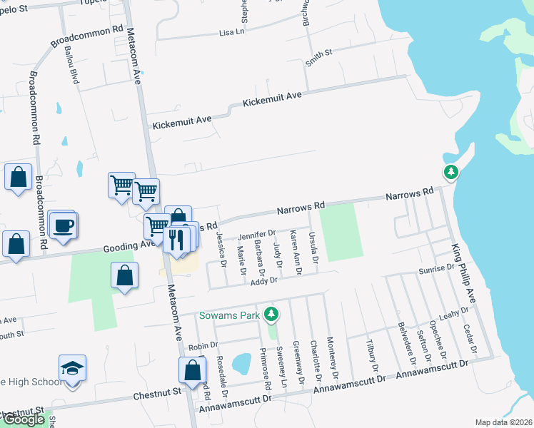 map of restaurants, bars, coffee shops, grocery stores, and more near 50 Narrows Road in Bristol