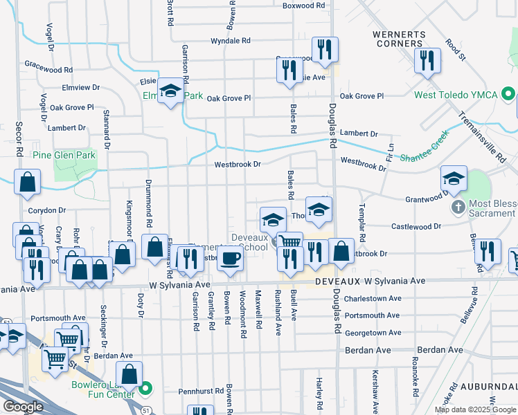 map of restaurants, bars, coffee shops, grocery stores, and more near 2651 Ivy Pl in Toledo