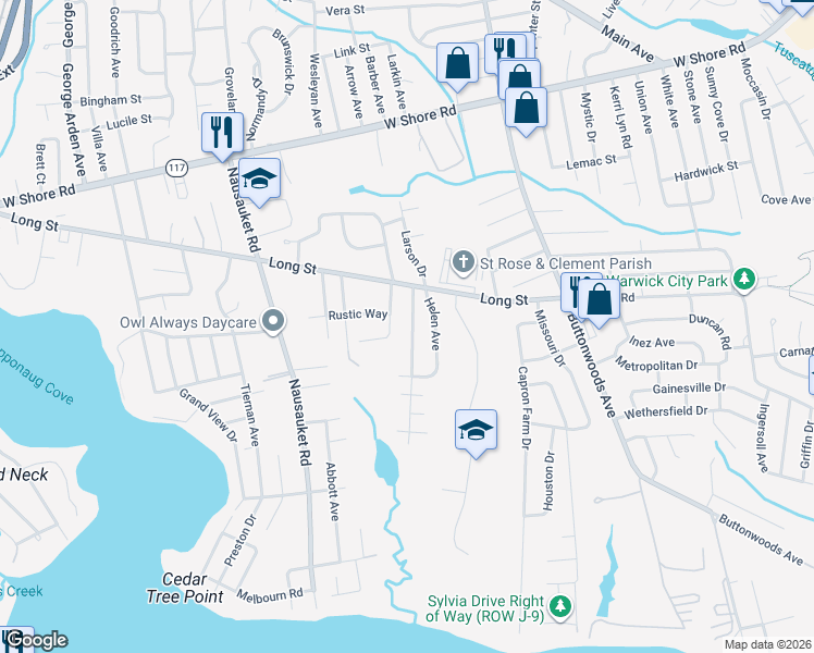 map of restaurants, bars, coffee shops, grocery stores, and more near 43 Bakers Creek Rd in Warwick