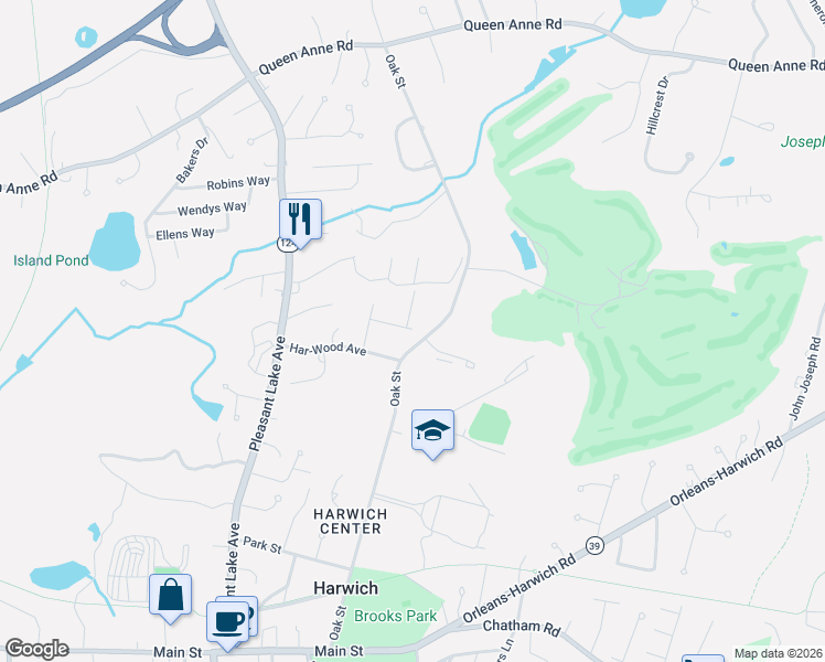 map of restaurants, bars, coffee shops, grocery stores, and more near 11 Woody Glen Road in Harwich